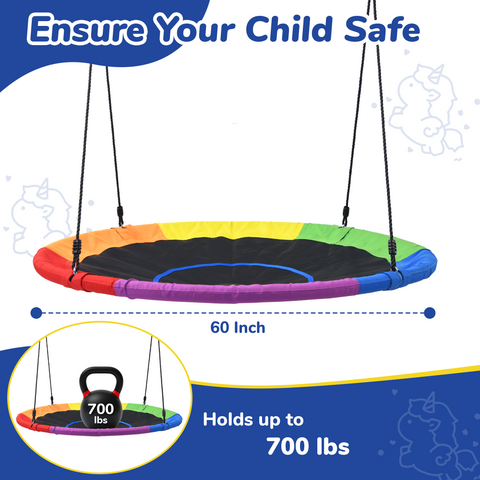 KloKick 60" Extra Large Tree Swing for Kids & Adults - 900D Oxford Waterproof Saucer Swing with 2 Hanging Straps, Rainbow