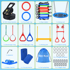 KloKick 65ft Ninja Warrior Obstacle Course for Kids – Outdoor Backyard Set with Swing, Ninja Rope, 11 Obstacles, Slackline, Jungle Gym for Tree Installation