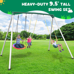 KloKick 9.5' Heavy Duty Swing Set for Kids & Adults – Includes Saucer Swing & 2 Belt Swings, Outdoor Playground Equipment for Backyard Fun