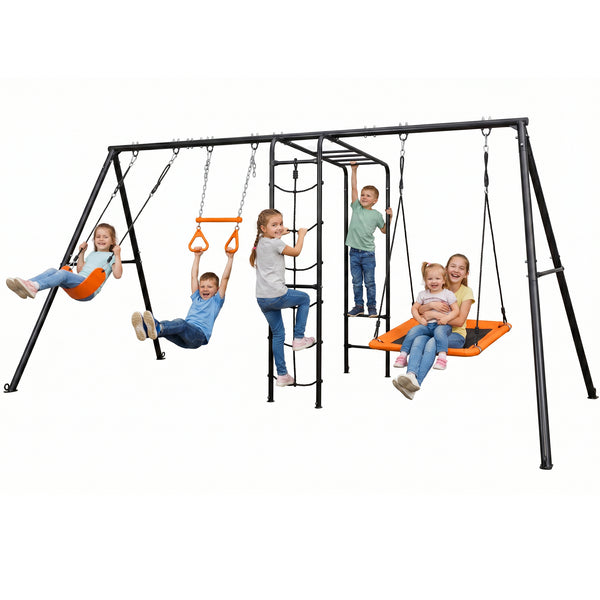 KloKick Heavy-Duty Metal Swing Set for Backyard, Outdoor Playset with Monkey Bars, Belt Swing, Platform Swing, Climbing Net, Trapeze Bar, for Kids 3-12(Black)