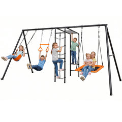 KloKick Heavy-Duty Metal Swing Set for Backyard, Outdoor Playset with Monkey Bars, Belt Swing, Platform Swing, Climbing Net, Trapeze Bar, for Kids 3-12(Black)