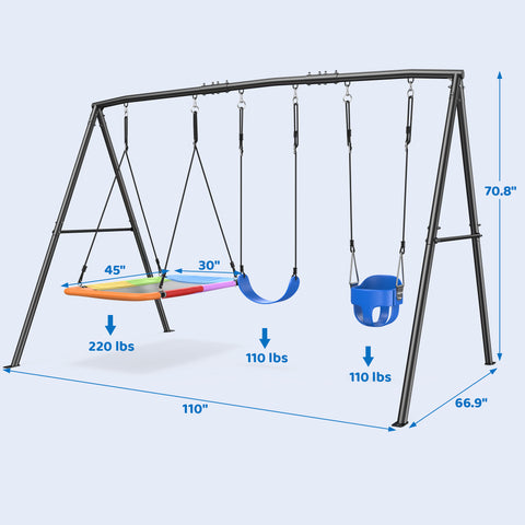 KloKick 440lbs Outdoor Swing Set for Kids – Includes Toddler Swing, Belt Swing, and Platform Swing, Metal Frame for Backyard Play