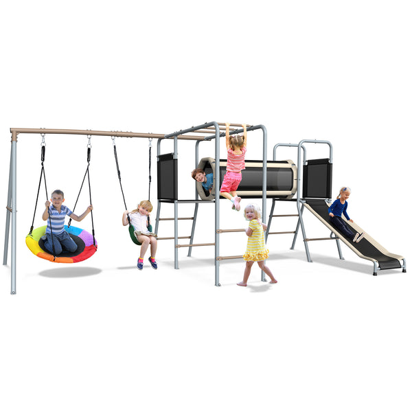 KloKick 5-in-1 Heavy Duty Metal Swing Set for Kids Backyard, with Slide, Monkey Bars, Saucer Swing & Tunnel, ASTM Safety Certified, Ages 3-12, 660lbs Capacity(sand)