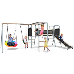 KloKick 5-in-1 Heavy Duty Metal Swing Set for Kids Backyard, with Slide, Monkey Bars, Saucer Swing & Tunnel, ASTM Safety Certified, Ages 3-12, 660lbs Capacity(sand)