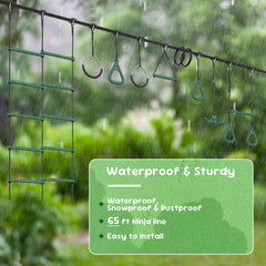 KloKick 65ft Ninja Warrior Obstacle Course for Kids – Outdoor Backyard Set with Swing, Ninja Rope, 11 Obstacles, Slackline, Jungle Gym for Tree Installation (Green)