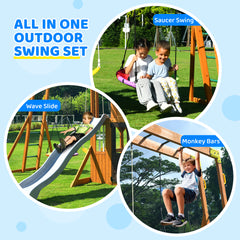 KloKick Cedar Wooden Swing Set with 8' Wave Slide, Metal Monkey Bar, Clubhouse, Playhouse, and Snack Bar Window