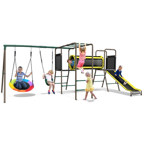 KloKick 5-in-1 Heavy Duty Metal Swing Set for Kids Backyard, with Slide, Monkey Bars, Saucer Swing & Tunnel, ASTM Safety Certified, Ages 3-12, 660lbs Capacity
