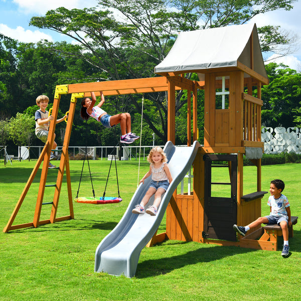 KloKick Cedar Wooden Swing Set with 8' Wave Slide, Metal Monkey Bar, Clubhouse, Playhouse, and Snack Bar Window
