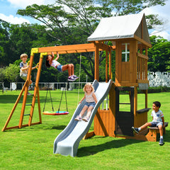 KloKick Cedar Wooden Swing Set with 8' Wave Slide, Metal Monkey Bar, Clubhouse, Playhouse, and Snack Bar Window