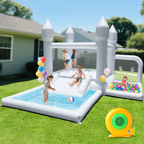 Inflatable Bounce House with Blower – 13 x 12.3 x 8.3ft Bouncy Castle with Slide, Ball Pit, Basketball Hoop for Kids Birthday, Party, Wedding, Indoor & Outdoor Use