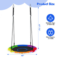 KloKick 700lbs 40" Saucer Tree Swing for Kids & Adults – Durable Outdoor Swing with LED Lights, 2 Tree Hanging Straps. Rainbow