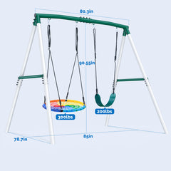KloKick 7.5ft Heavy Duty Swing Set for Backyard, 500lbs Capacity Outdoor Metal Swing Set for Kids & Adults with Spider Swing and Belt Swing (Rainbow)