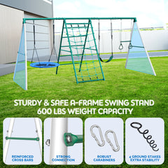 KloKick Heavy-Duty Metal Swing Set for Backyard, Outdoor Playset with Saucer Swing, Monkey Bar, Climbing Rope & Ladder, for Kids 3-12