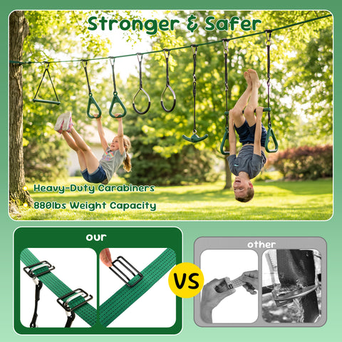 KloKick 65ft Ninja Warrior Obstacle Course for Kids – Outdoor Backyard Set with Swing, Ninja Rope, 11 Obstacles, Slackline, Jungle Gym for Tree Installation (Green)