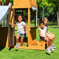 KloKick Cedar Wooden Swing Set with 8' Wave Slide, Metal Monkey Bar, Clubhouse, Playhouse, and Snack Bar Window