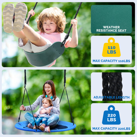 KloKick Heavy-Duty Metal Swing Set for Backyard, Outdoor Playset with Saucer Swing, Monkey Bar, Climbing Rope & Ladder, for Kids 3-12