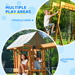 KloKick Cedar Wooden Swing Set with 8' Wave Slide, Metal Monkey Bar, Clubhouse, Playhouse, and Snack Bar Window