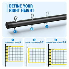 Patiassy 32ft Outdoor Portable Volleyball Net Set System - Quick & Easy Setup Adjustable Height Steel Poles, PU Volleyball with Pump and Carrying Bag for Beach Backyard