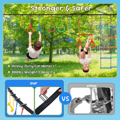 KloKick 65ft Ninja Warrior Obstacle Course for Kids – Outdoor Backyard Set with Swing, Ninja Rope, 11 Obstacles, Slackline, Jungle Gym for Tree Installation