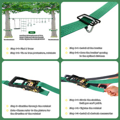 KloKick 65ft Ninja Warrior Obstacle Course for Kids – Outdoor Backyard Set with Swing, Ninja Rope, 11 Obstacles, Slackline, Jungle Gym for Tree Installation (Green)