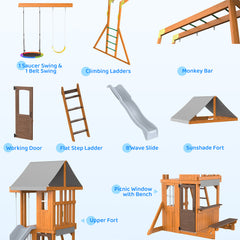 KloKick Cedar Wooden Swing Set with 8' Wave Slide, Metal Monkey Bar, Clubhouse, Playhouse, and Snack Bar Window