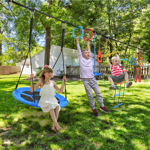 KloKick 65ft Ninja Warrior Obstacle Course for Kids – Outdoor Backyard Set with Swing, Ninja Rope, 11 Obstacles, Slackline, Jungle Gym for Tree Installation