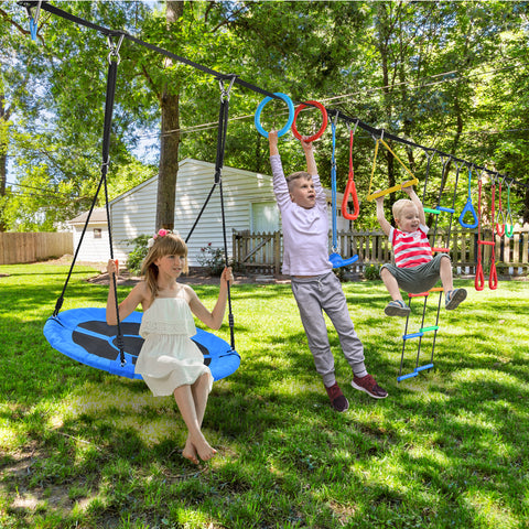 KloKick 65ft Ninja Warrior Obstacle Course for Kids – Outdoor Backyard Set with Swing, Ninja Rope, 11 Obstacles, Slackline, Jungle Gym for Tree Installation