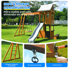 KloKick Cedar Wooden Swing Set with 8' Wave Slide, Metal Monkey Bar, Clubhouse, Playhouse, and Snack Bar Window