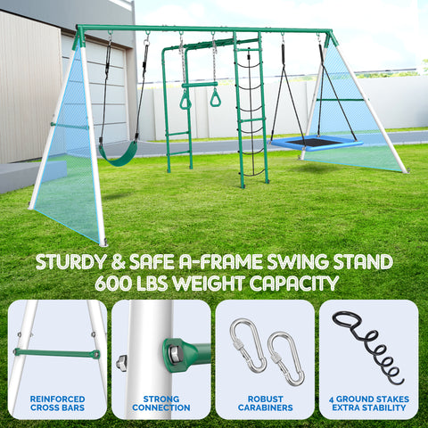 KloKick Heavy-Duty Metal Swing Set for Backyard, Outdoor Playset with Monkey Bars, Belt Swing, Platform Swing, Climbing Net, Trapeze Bar, for Kids 3-12