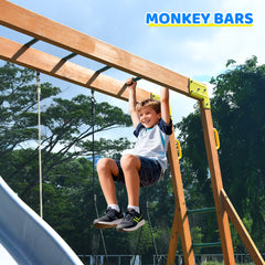 KloKick Cedar Wooden Swing Set with 8' Wave Slide, Metal Monkey Bar, Clubhouse, Playhouse, and Snack Bar Window