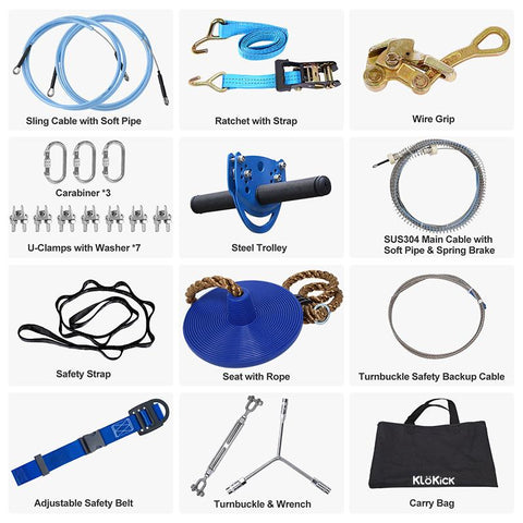 48m/160ft Zipline Kit with Spring Brake, Safety Harness,Trolley and Seat
