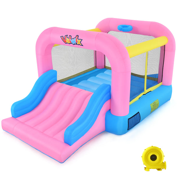KLOKICK Pink Inflatable Bounce House with Blower & Wide Slide for 3-10 yrs Kids, 12' x 8'2'' x 6.2'' Bouncer w/ Large Bounce Area and Basket Ball Hoop, 300 LBS Capacity