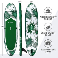 KLOKICK 11FT Inflatable Stand Up Paddle Board 6" Thick with Complete Accessories