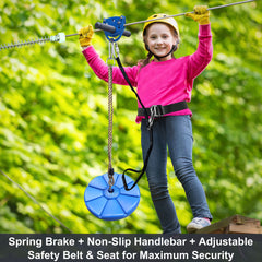 100FT/30M Zip Line Kit for Kids with Zipline Spring Brake for Playground Entertainment