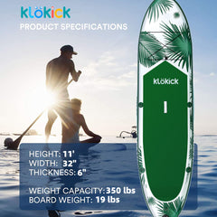 KLOKICK 11FT Inflatable Stand Up Paddle Board 6" Thick with Complete Accessories