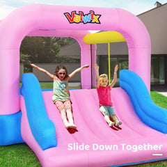 KLOKICK Pink Inflatable Bounce House with Blower & Wide Slide for 3-10 yrs Kids, 12' x 8'2'' x 6.2'' Bouncer w/ Large Bounce Area and Basket Ball Hoop, 300 LBS Capacity
