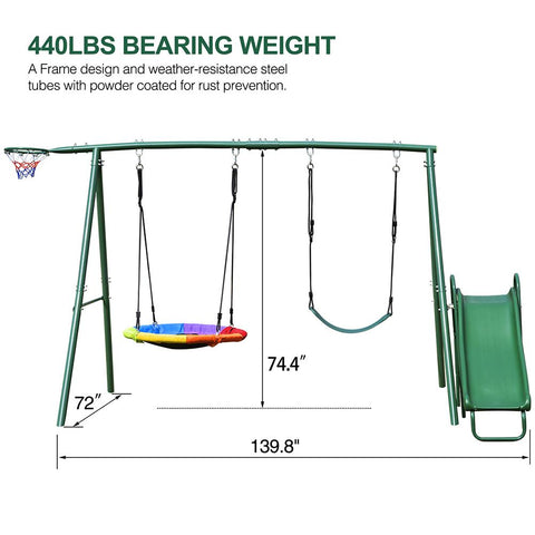 Metal Swing Set with Slide for Backyard Garden Park Complete Kids Playground