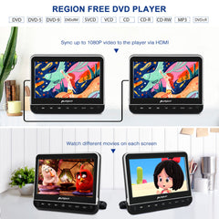 Pumpkin 10.1" Dual Screen Portable Headrest DVD Player with Remote Controls and 2 Headrest Bracket, Headphones, Supports HDMI, USB Port, SD Card Slot