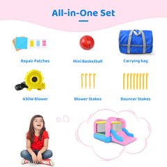 KLOKICK Pink Inflatable Bounce House with Blower & Wide Slide for 3-10 yrs Kids, 12' x 8'2'' x 6.2'' Bouncer w/ Large Bounce Area and Basket Ball Hoop, 300 LBS Capacity