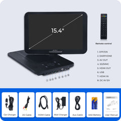 Pumpkin 15.4" Portable Blu-Ray DVD Player with 1920X1080 HD, 4000mAh Rechargeable Battery, Support HDMI in/Out, USB/SD Card Reader, MP4 Video Playback