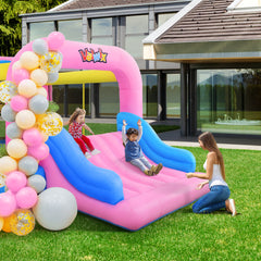 KLOKICK Pink Inflatable Bounce House with Blower & Wide Slide for 3-10 yrs Kids, 12' x 8'2'' x 6.2'' Bouncer w/ Large Bounce Area and Basket Ball Hoop, 300 LBS Capacity