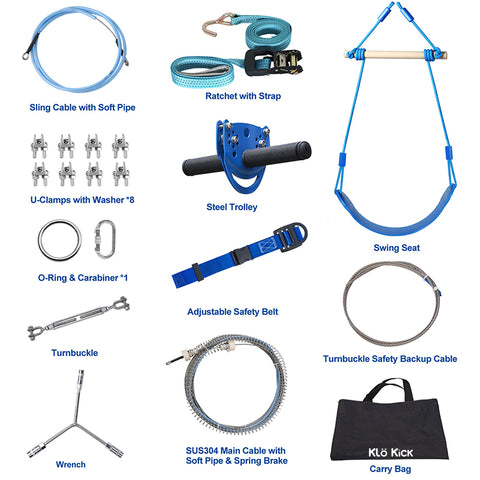 120FT Zip Line Kit for Kids with Spring Brake, Safety Harness,Trolley and Seat