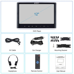 12" Car DVD Player with HDMI Input & Headphone & Mounting Bracket, Support Sync Screen Last Memory Region Free