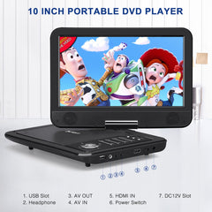 Pumpkin 10.1'' Portable DVD Player with Bag, HDMI Input, AV Out, 2500mAh Battery, Region Free, Last Memory