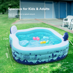 KLOKICK 90" x 97" x 21" Inflatable Family Lounge Pool with Sprinkler, Seat for Kids, Blue