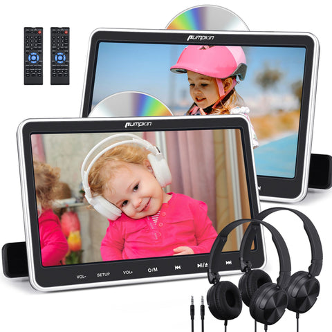 Pumpkin 10.1” Dual Headrest DVD Players for Car with Headphones, 2 Mount Brackets HDMI Input Region Free Last Memory