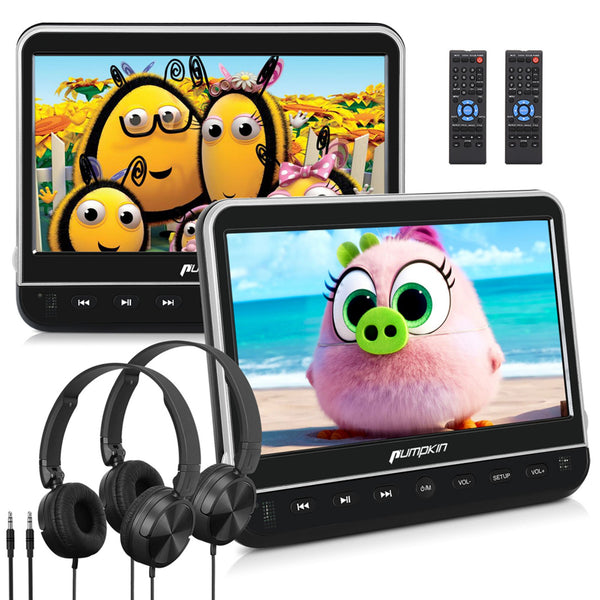 Pumpkin 10.1" Dual Screen Portable Headrest DVD Player with Remote Controls and 2 Headrest Bracket, Headphones, Supports HDMI, USB Port, SD Card Slot