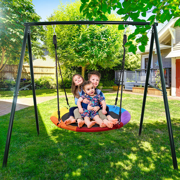 Metal A-frame Swing Sets with 40" Rainbow PVC Coated Saucer Swing for Kids Adults Playsets