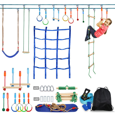 50ft/15M Ninja Warrior Obstacle Course for Kids, Ninja Slackline (Double Line Design)