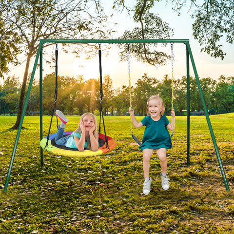 Heavy Duty Metal Swingset with 1 Saucer Tree Swing and 1 Belt Swing Outdoor Backyard